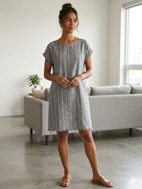 Eileen Fisher Gray Striped Linen-Blend Shift Dress